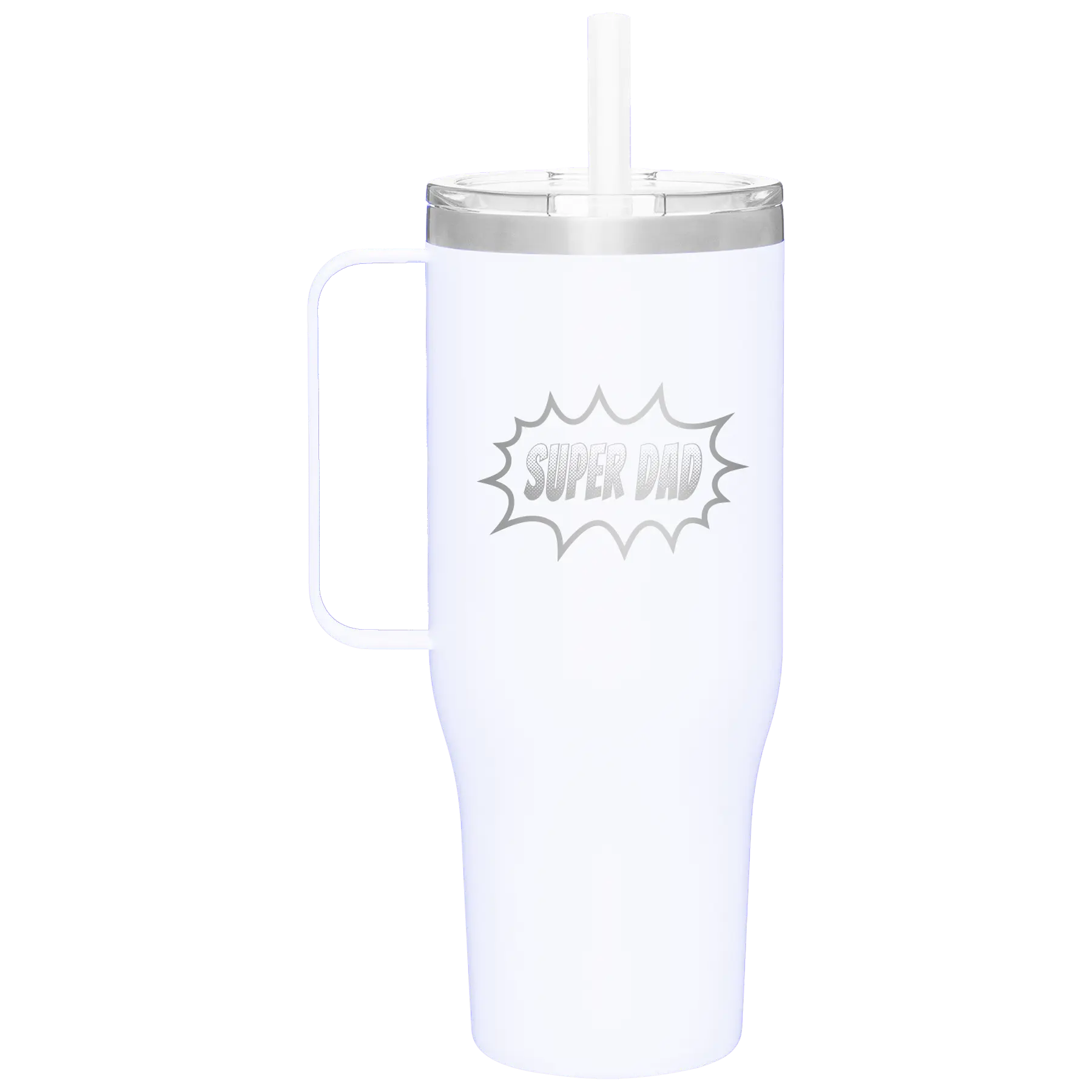 Personalized white 40 oz vacuum insulated tumbler mug with 'Super Dad' design