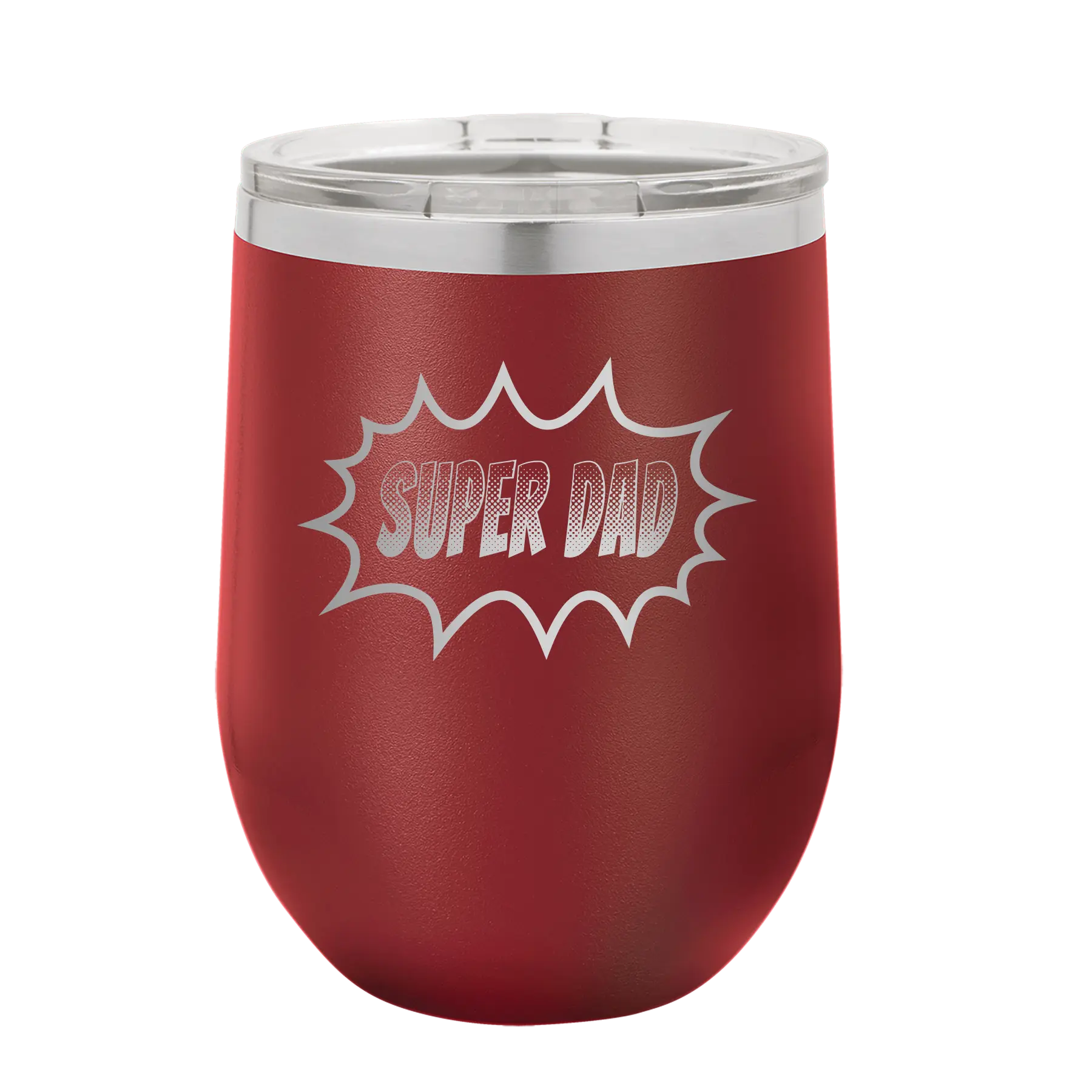 Personalized maroon 12 oz vacuum insulated wine cup with etched 'Super Dad' design