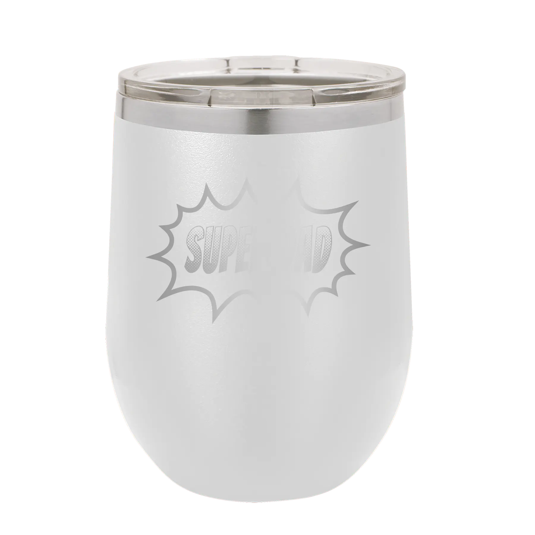 Personalized white 12 oz vacuum insulated wine cup with etched 'Super Dad' design