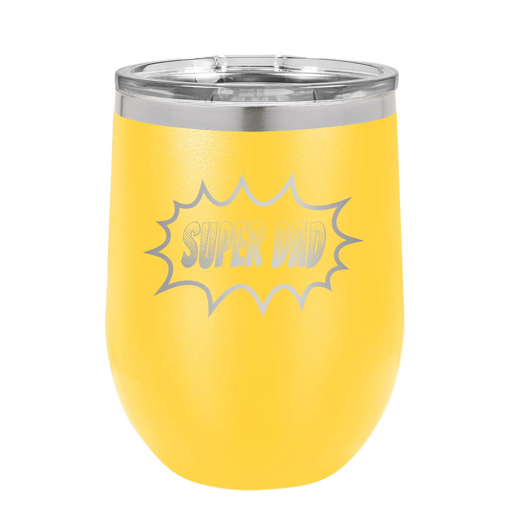 Personalized yellow 12 oz vacuum insulated wine cup with etched 'Super Dad' design