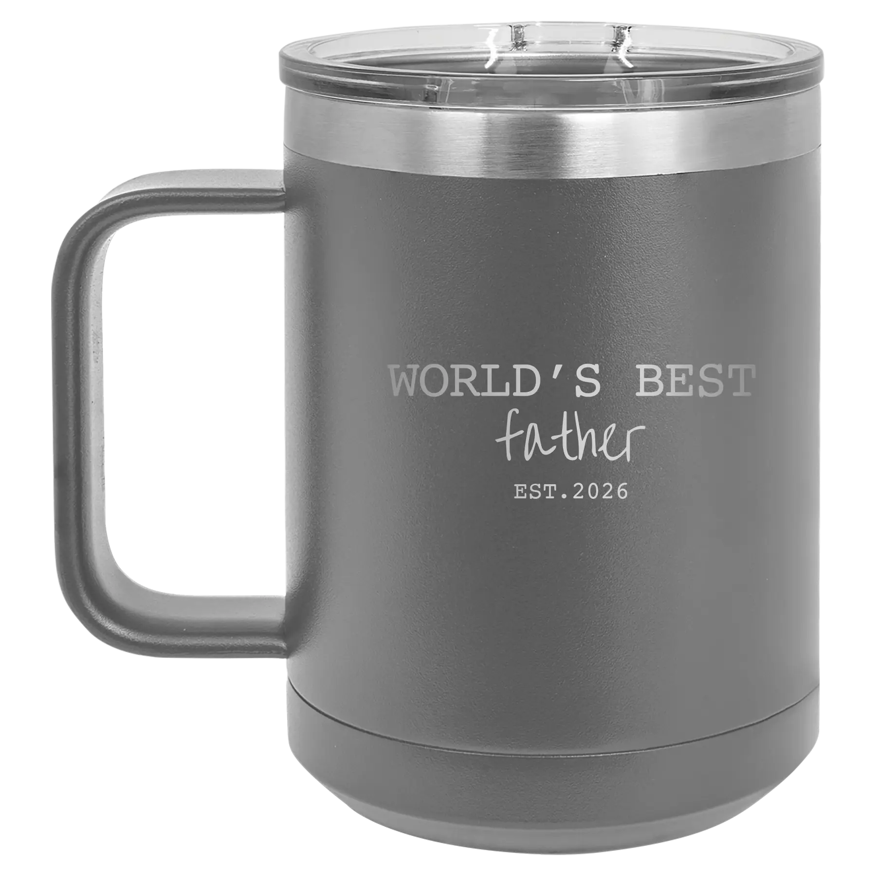 Personalized dark gray 15 oz vacuum insulated coffee mug with etched 'Worlds Best' design