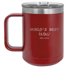 Personalized maroon 15 oz vacuum insulated coffee mug with etched 'Worlds Best' design