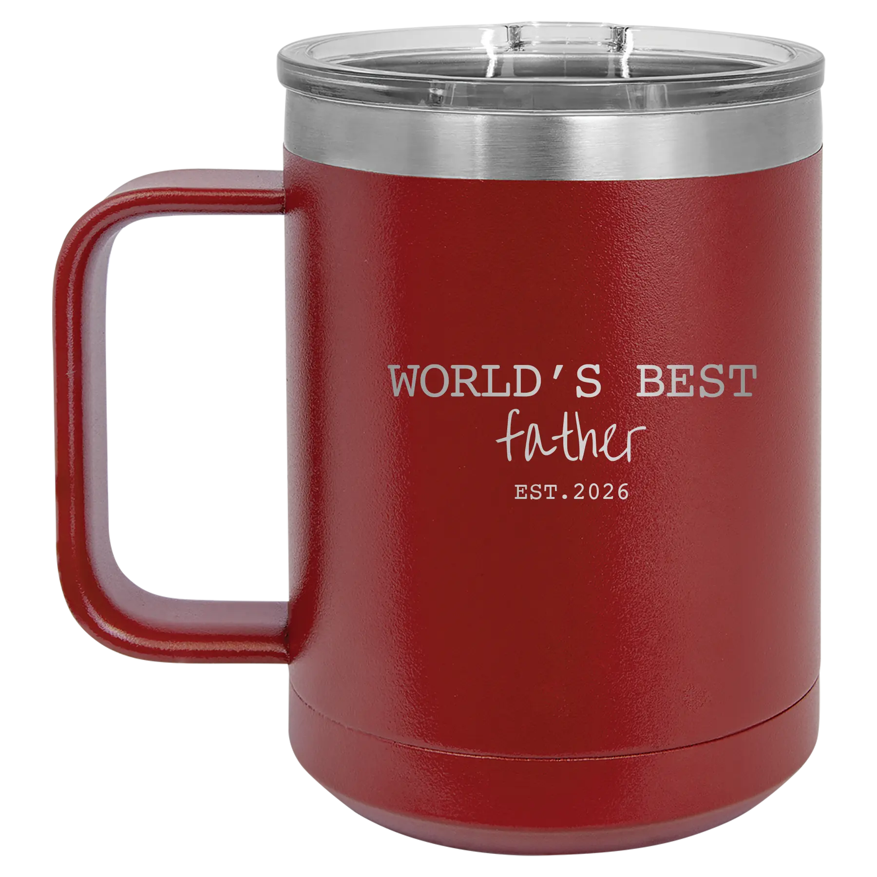 Personalized maroon 15 oz vacuum insulated coffee mug with etched 'Worlds Best' design