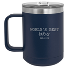 Personalized navy 15 oz vacuum insulated coffee mug with etched 'Worlds Best' design