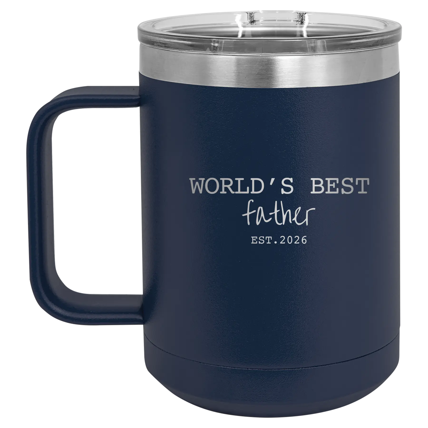 Personalized navy 15 oz vacuum insulated coffee mug with etched 'Worlds Best' design