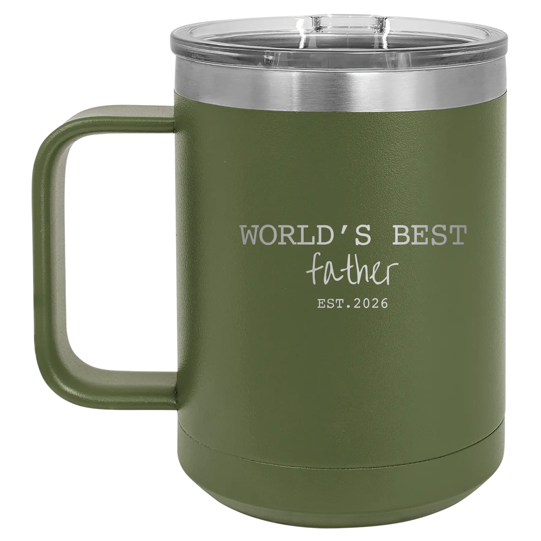 Personalized olive green 15 oz vacuum insulated coffee mug with etched 'Worlds Best' design