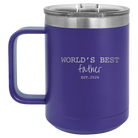 Personalized purple 15 oz vacuum insulated coffee mug with etched 'Worlds Best' design