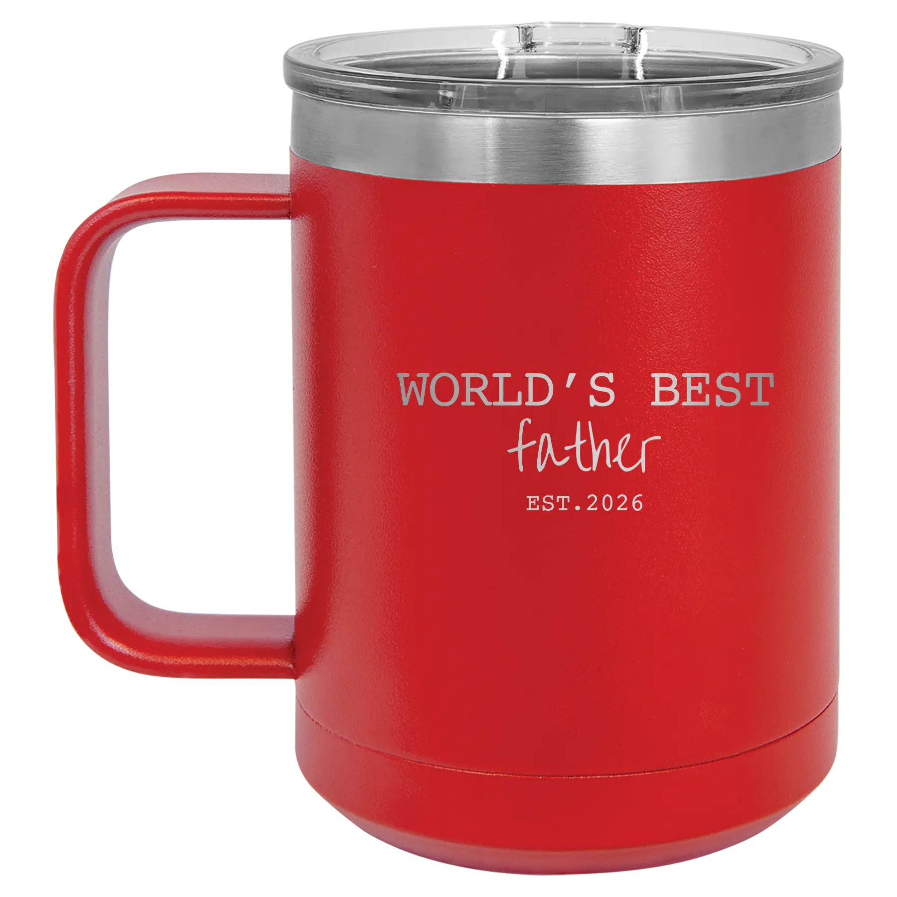 Personalized red 15 oz vacuum insulated coffee mug with etched 'Worlds Best' design