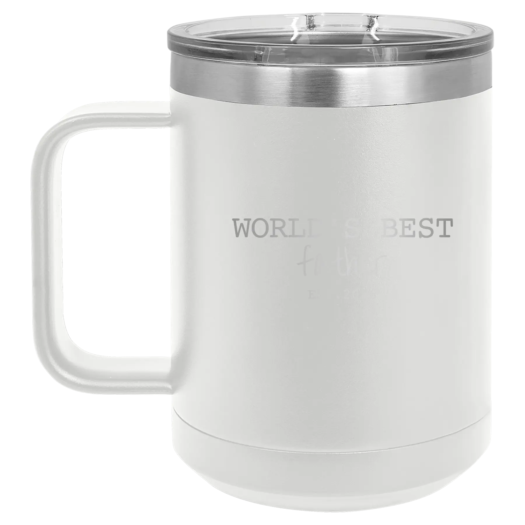 Personalized white 15 oz vacuum insulated coffee mug with etched 'Worlds Best' design