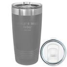 Laser etched dark gray 20 oz vacuum insulated tumbler with 'Worlds Best' design