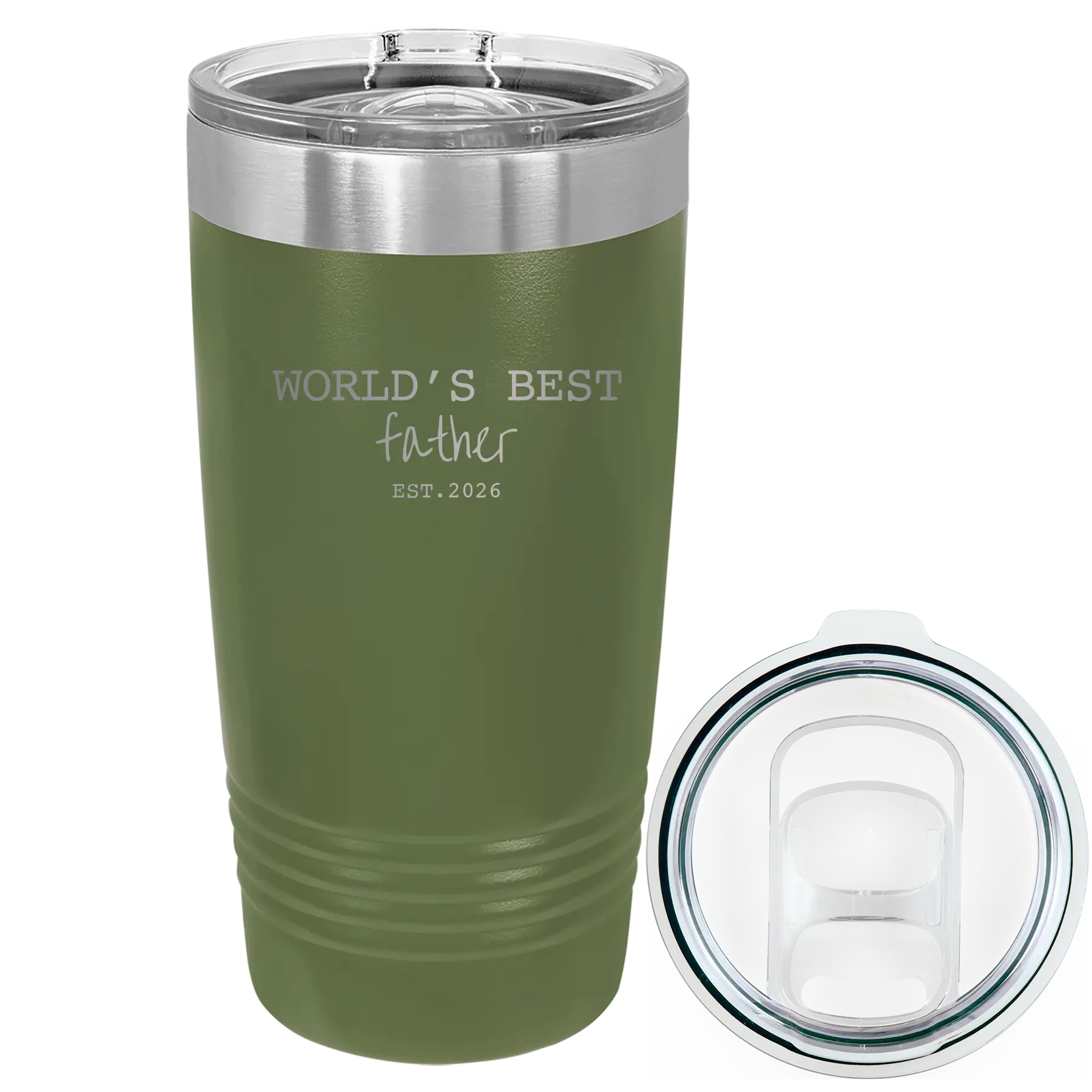 Laser etched olive green 20 oz vacuum insulated tumbler with 'Worlds Best' design