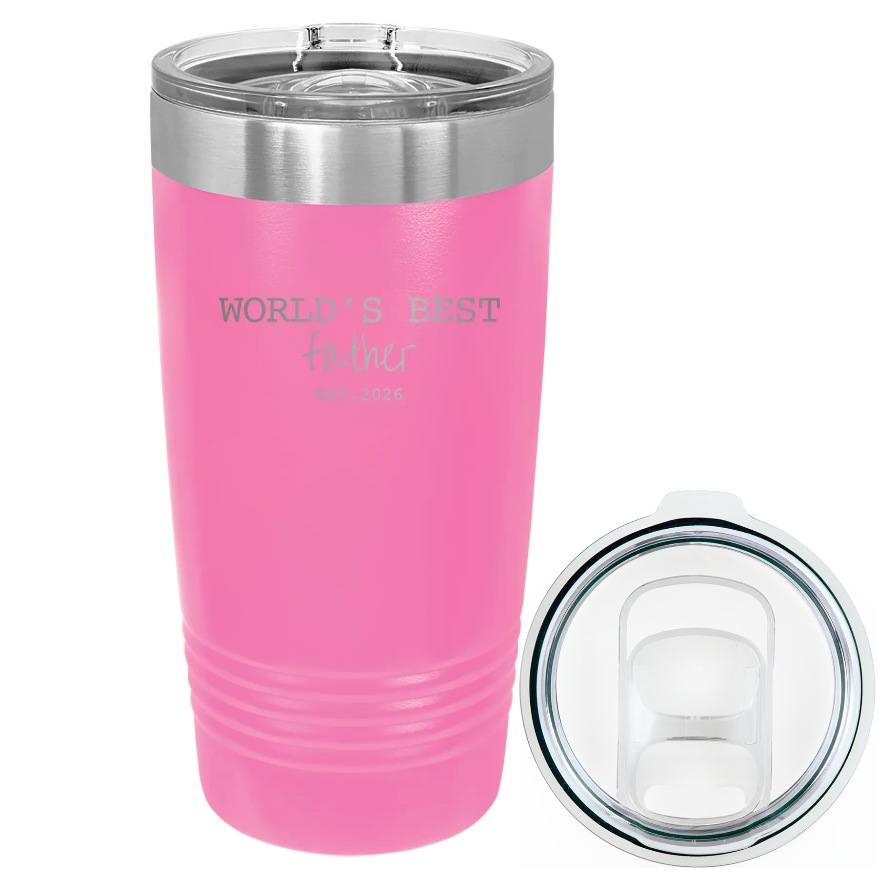 Laser etched pink 20 oz vacuum insulated tumbler with 'Worlds Best' design