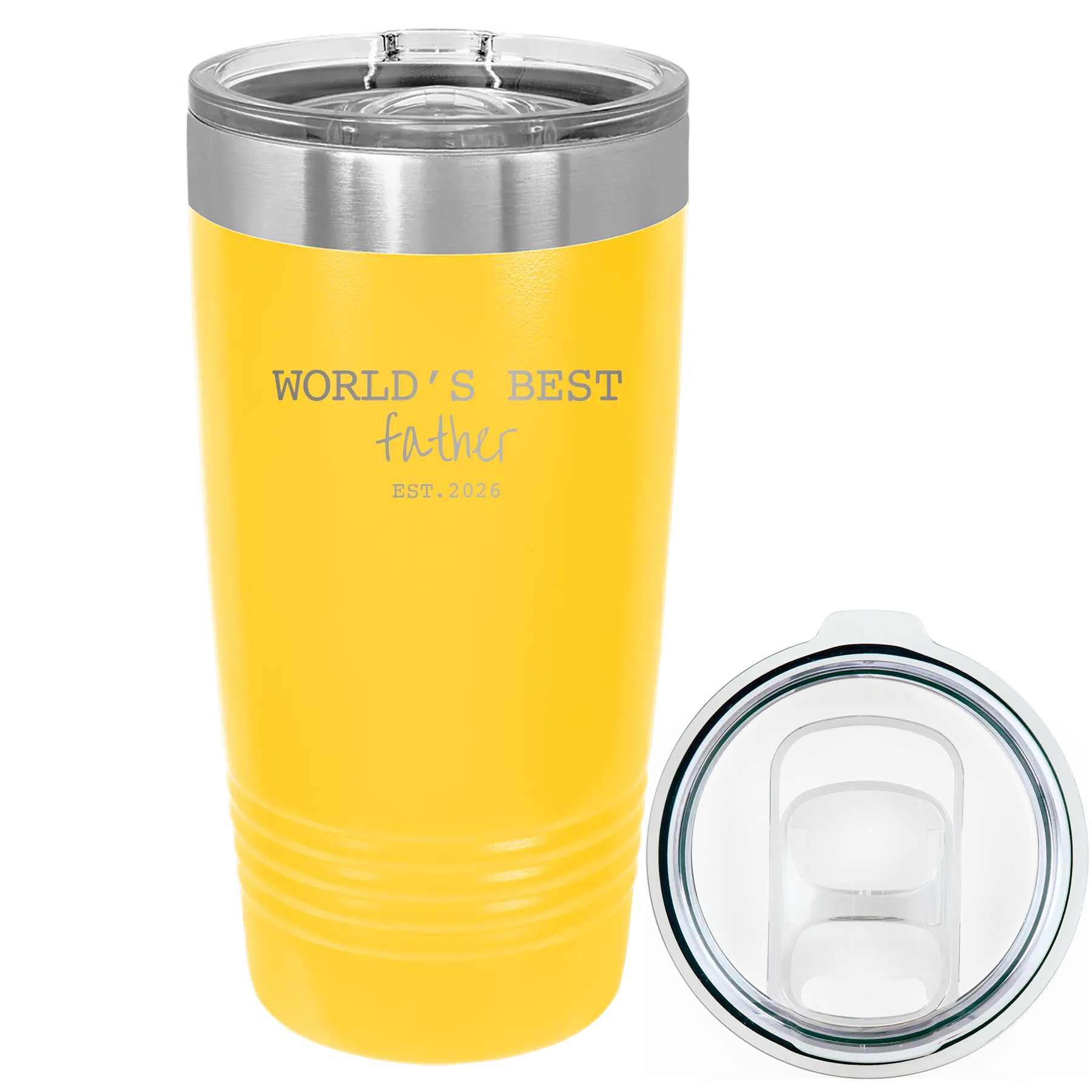 Laser etched yellow 20 oz vacuum insulated tumbler with 'Worlds Best' design