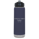 Laser etched navy 20 oz vacuum insulated water bottle with 'Worlds Best' design