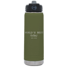 Laser etched olive green 20 oz vacuum insulated water bottle with 'Worlds Best' design