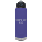 Laser etched purple 20 oz vacuum insulated water bottle with 'Worlds Best' design