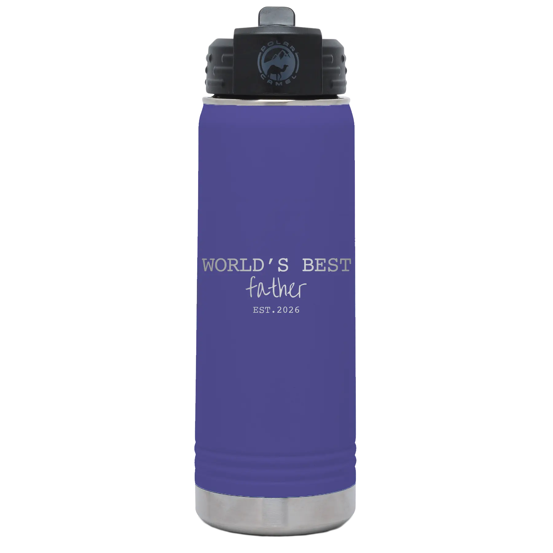 Laser etched purple 20 oz vacuum insulated water bottle with 'Worlds Best' design