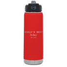 Laser etched red 20 oz vacuum insulated water bottle with 'Worlds Best' design