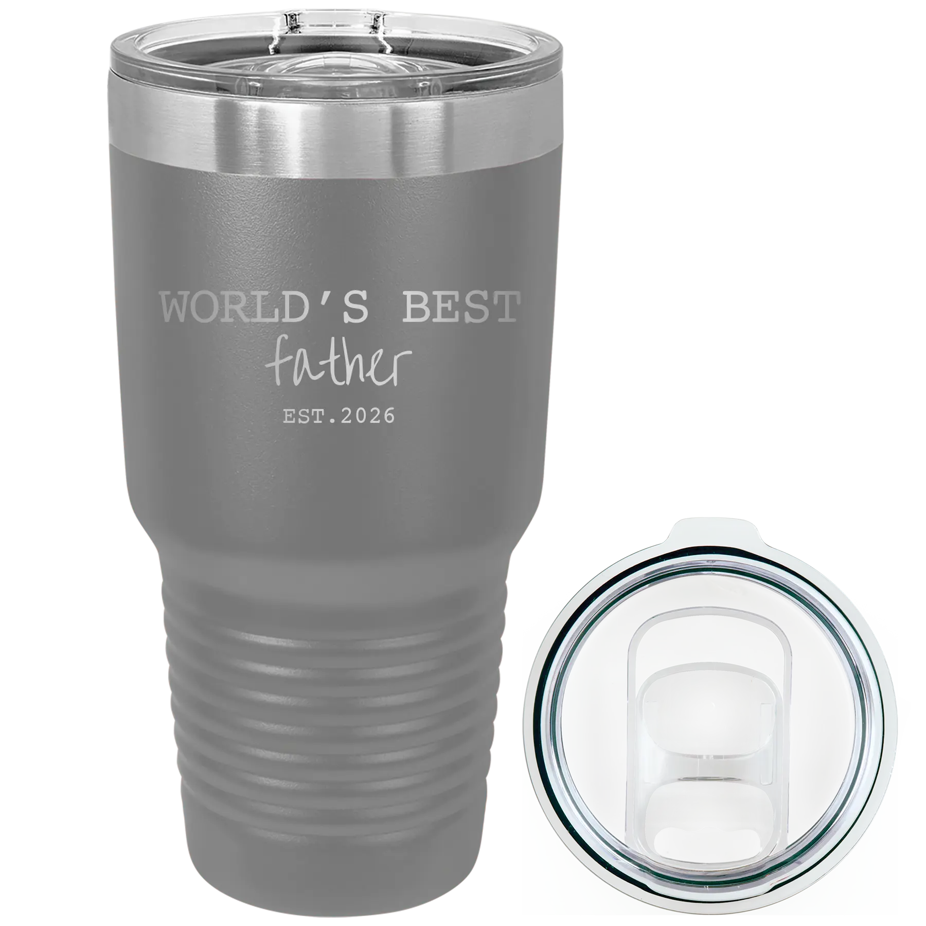 Laser etched dark gray 30 oz vacuum insulated tumbler with 'Worlds Best' design