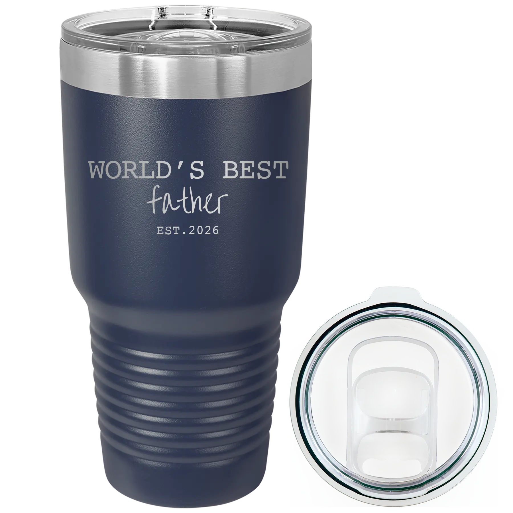 Laser etched navy 30 oz vacuum insulated tumbler with 'Worlds Best' design