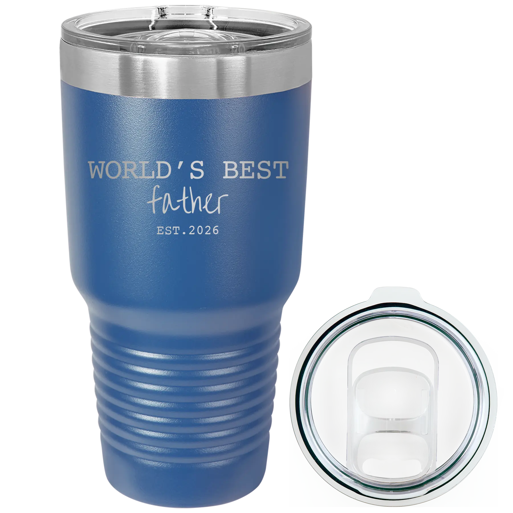 Laser etched royal blue 30 oz vacuum insulated tumbler with 'Worlds Best' design