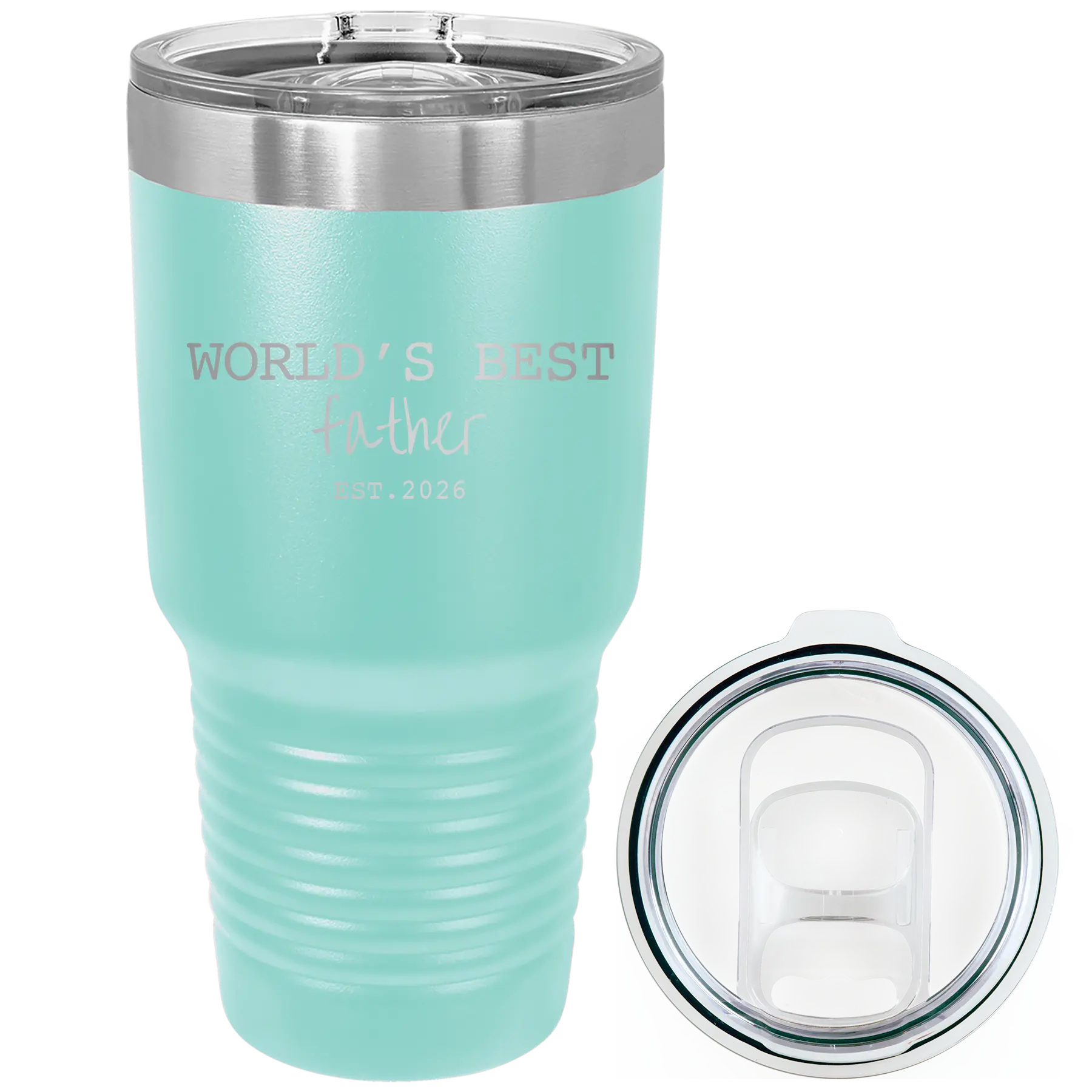 Laser etched teal 30 oz vacuum insulated tumbler with 'Worlds Best' design