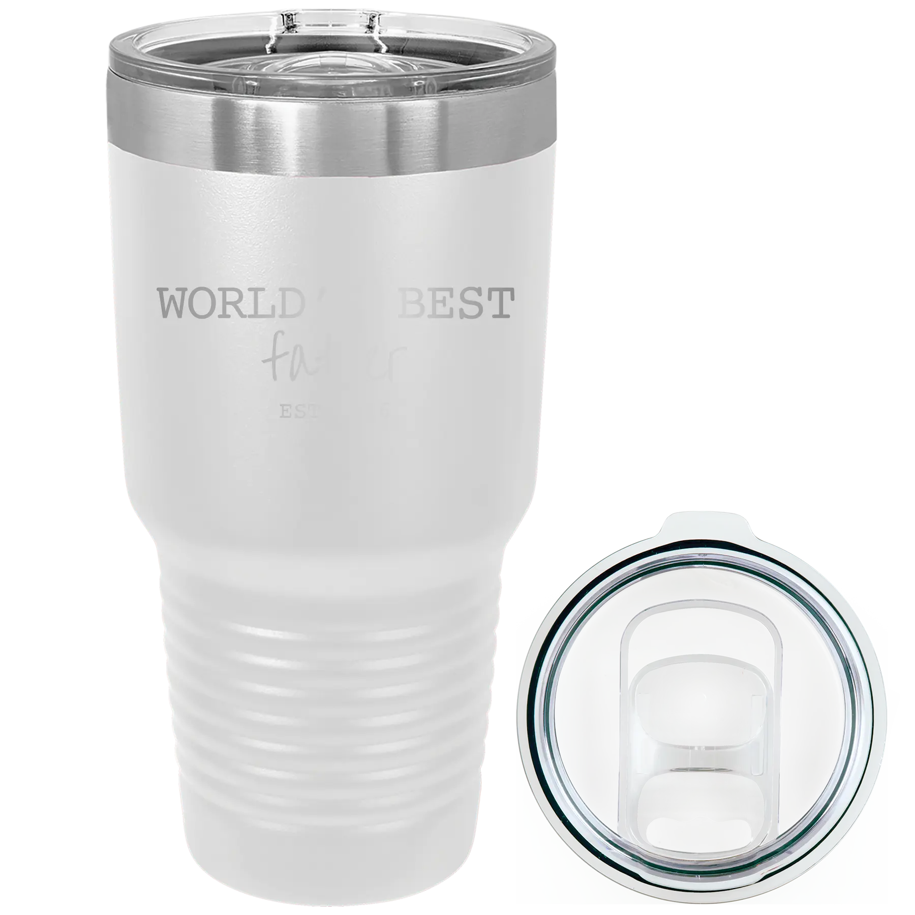 Laser etched white 30 oz vacuum insulated tumbler with 'Worlds Best' design