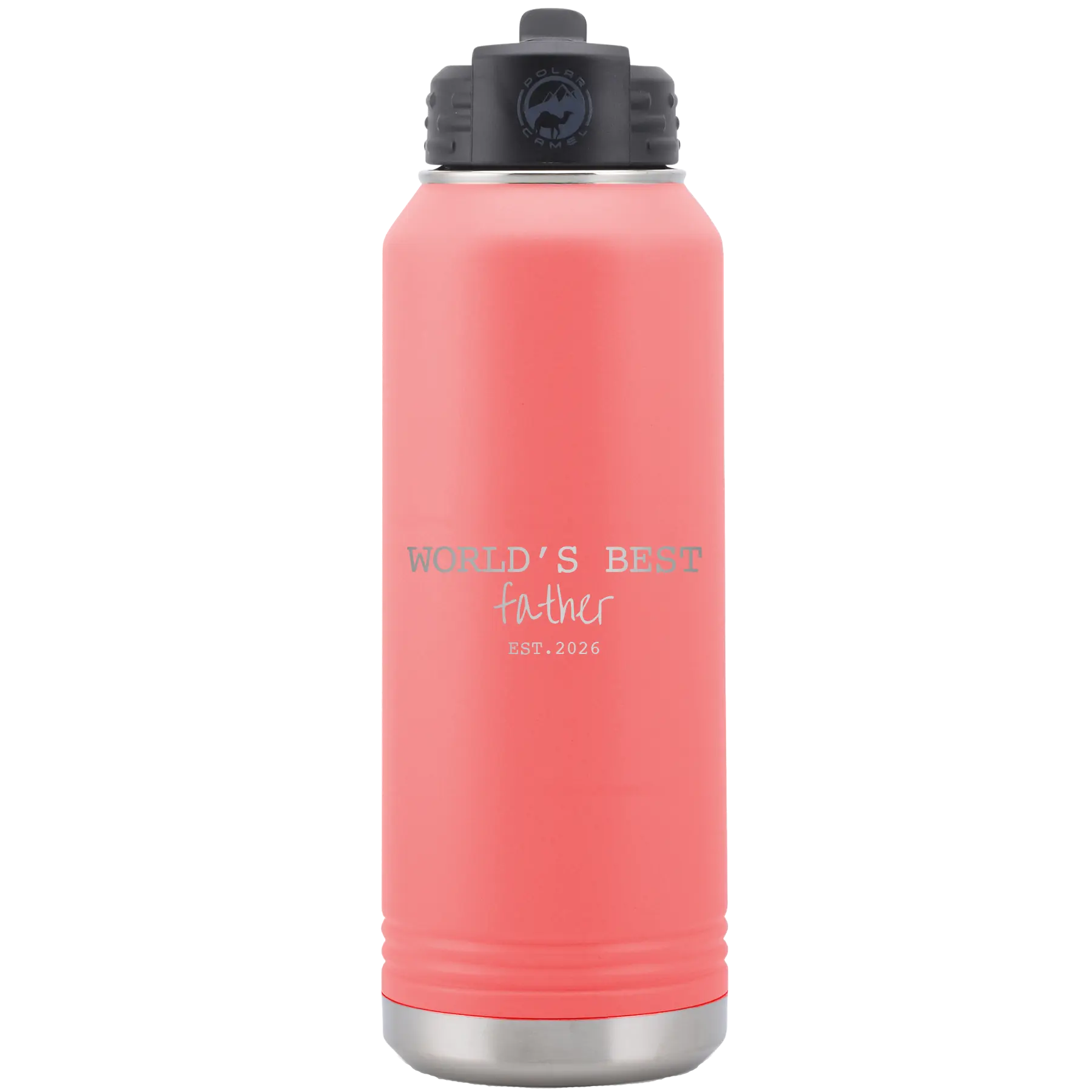 Laser etched coral 32 oz vacuum insulated water bottle with 'Worlds Best' design