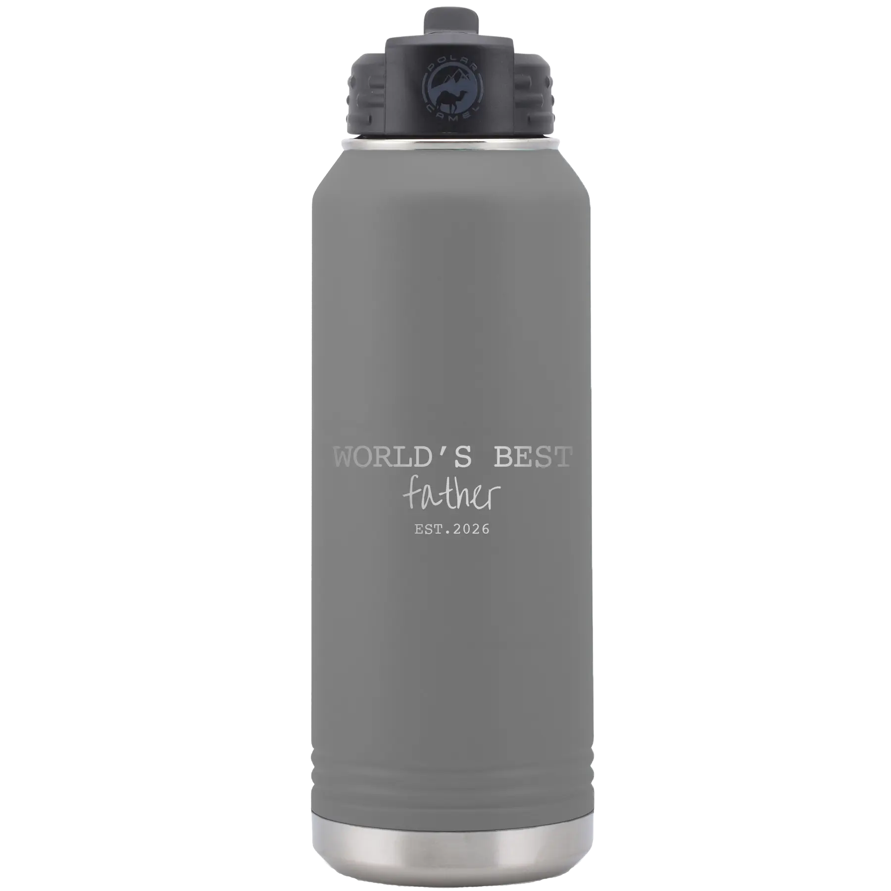 Laser etched dark gray 32 oz vacuum insulated water bottle with 'Worlds Best' design