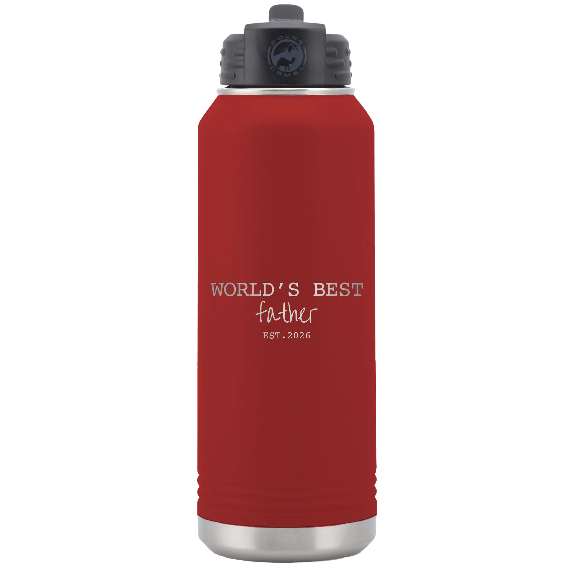 Laser etched maroon 32 oz vacuum insulated water bottle with 'Worlds Best' design