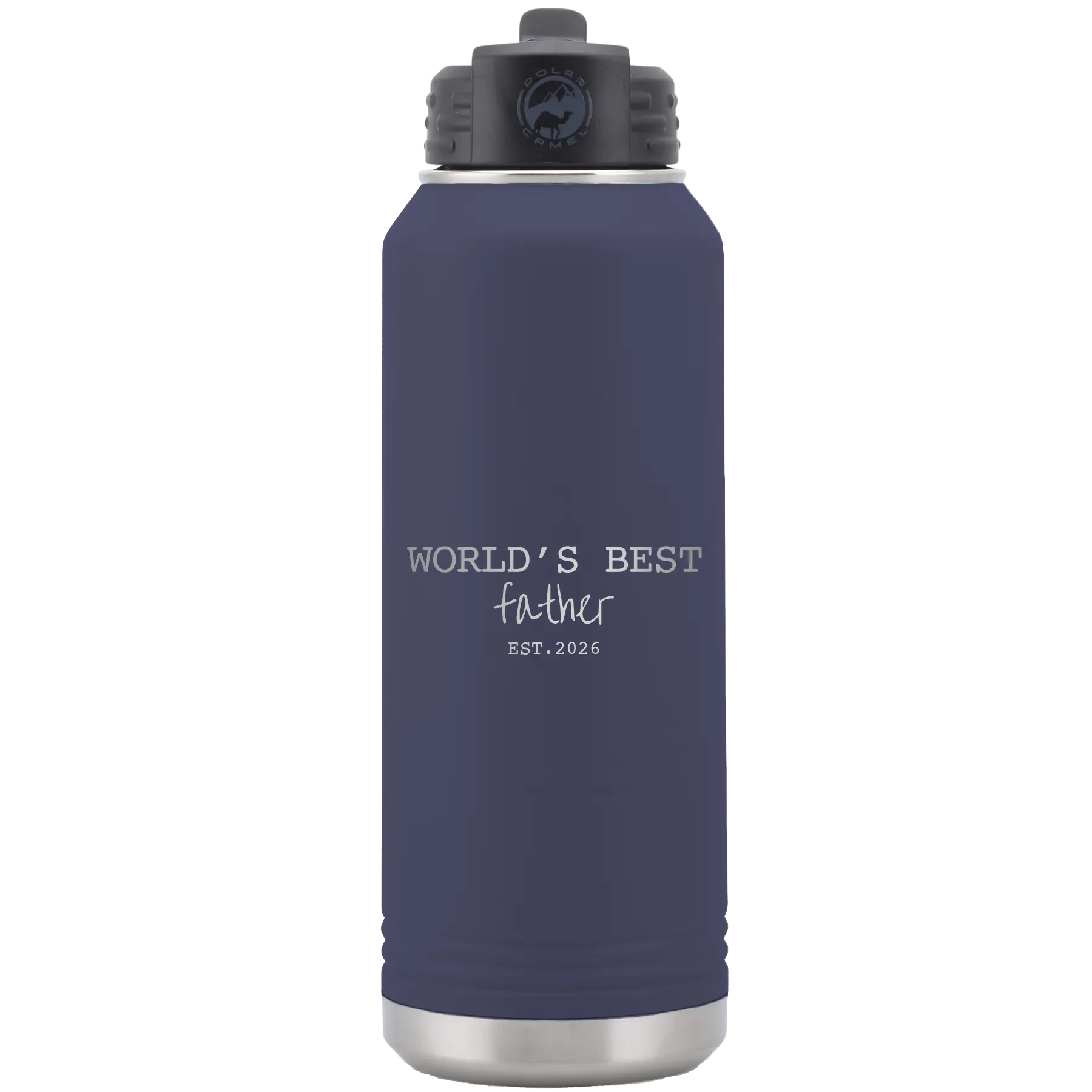 Laser etched navy 32 oz vacuum insulated water bottle with 'Worlds Best' design
