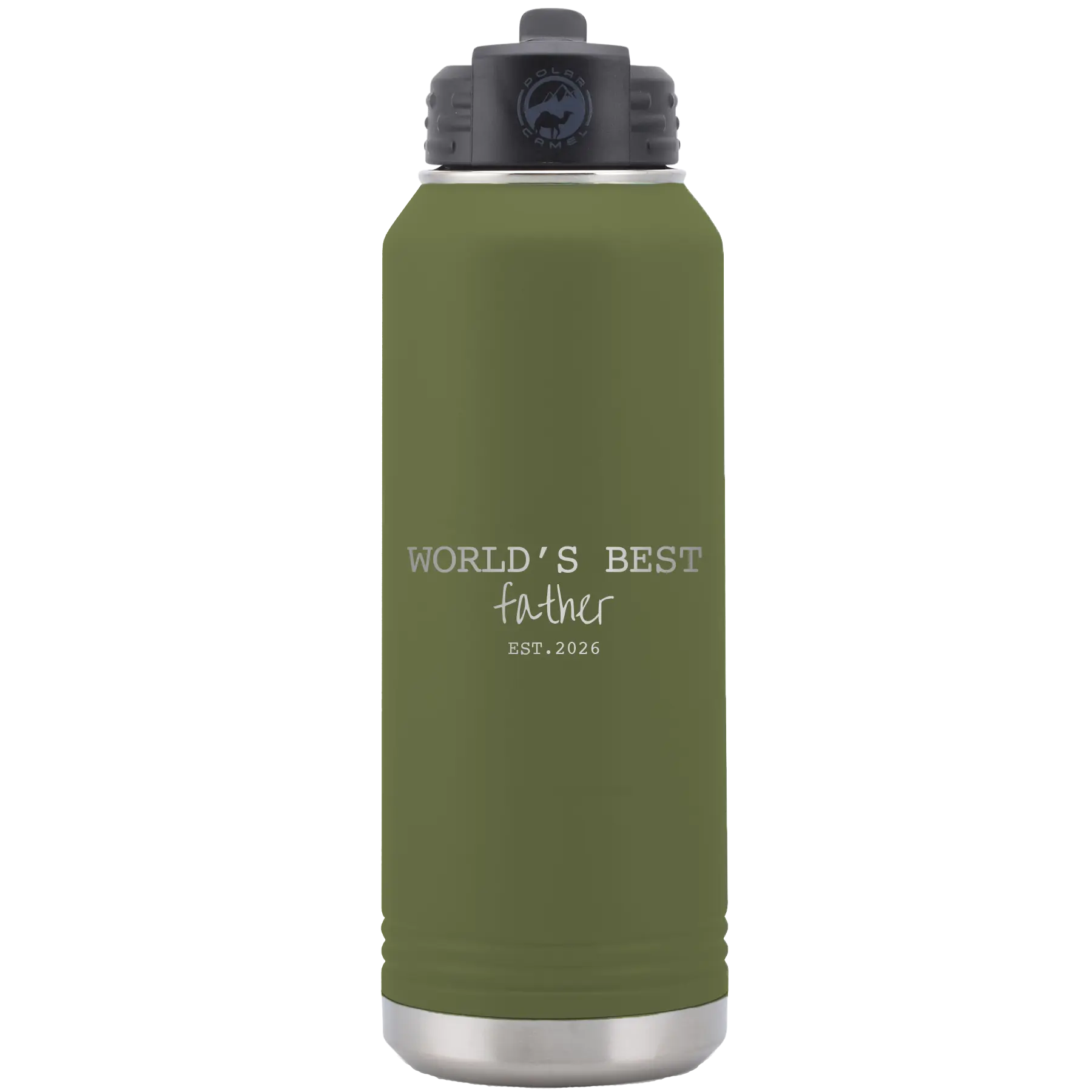 Laser etched olive green 32 oz vacuum insulated water bottle with 'Worlds Best' design
