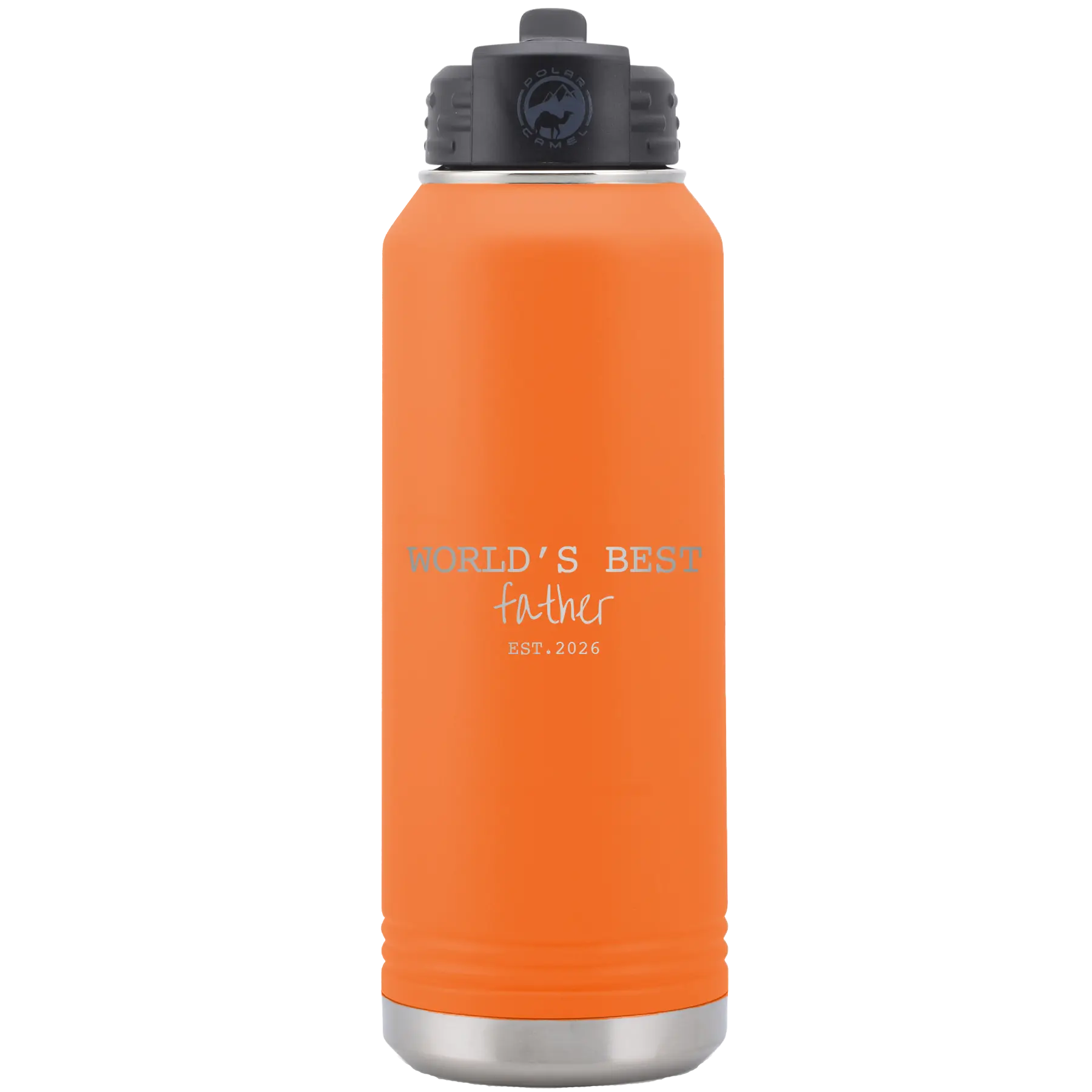Laser etched orange 32 oz vacuum insulated water bottle with 'Worlds Best' design
