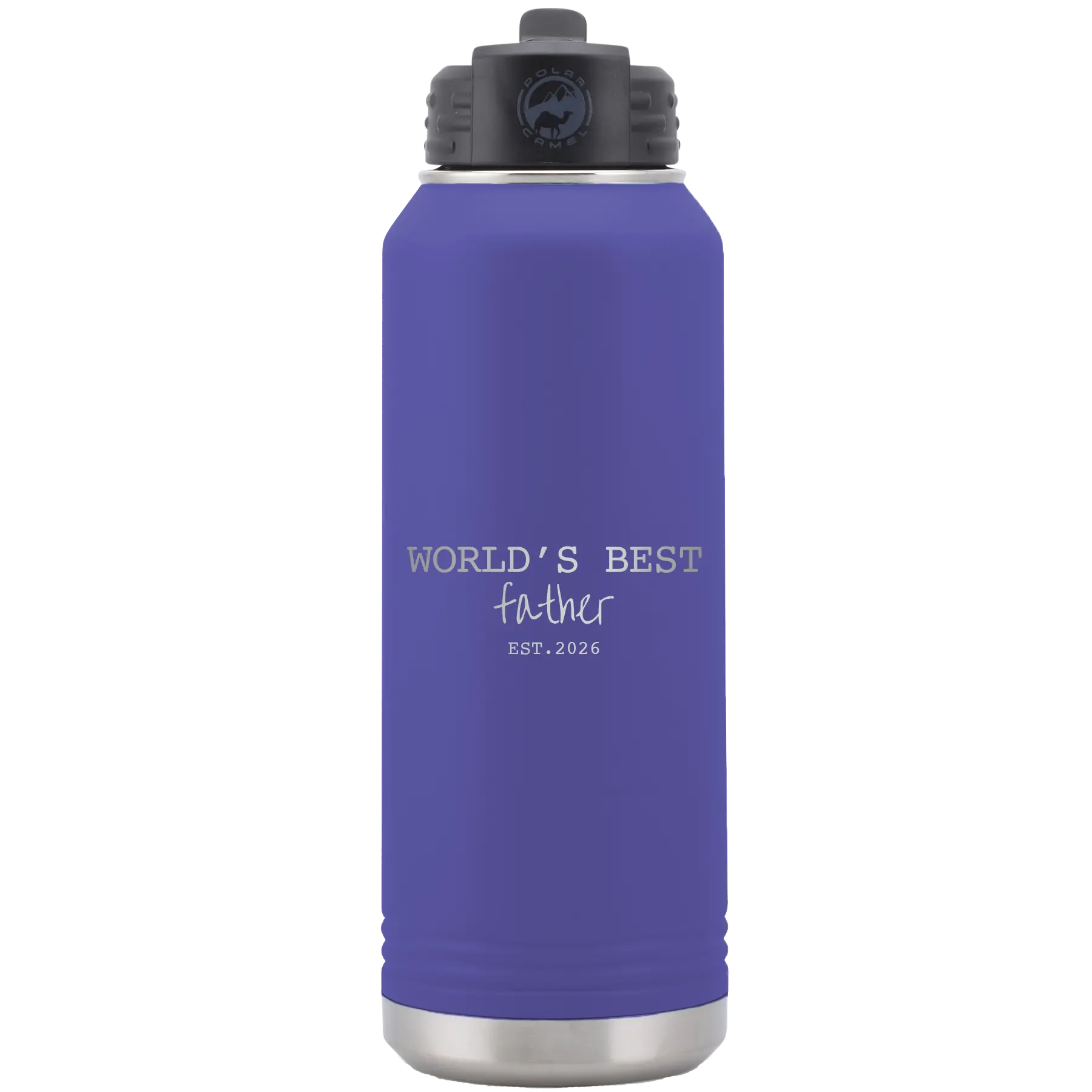 Laser etched purple 32 oz vacuum insulated water bottle with 'Worlds Best' design