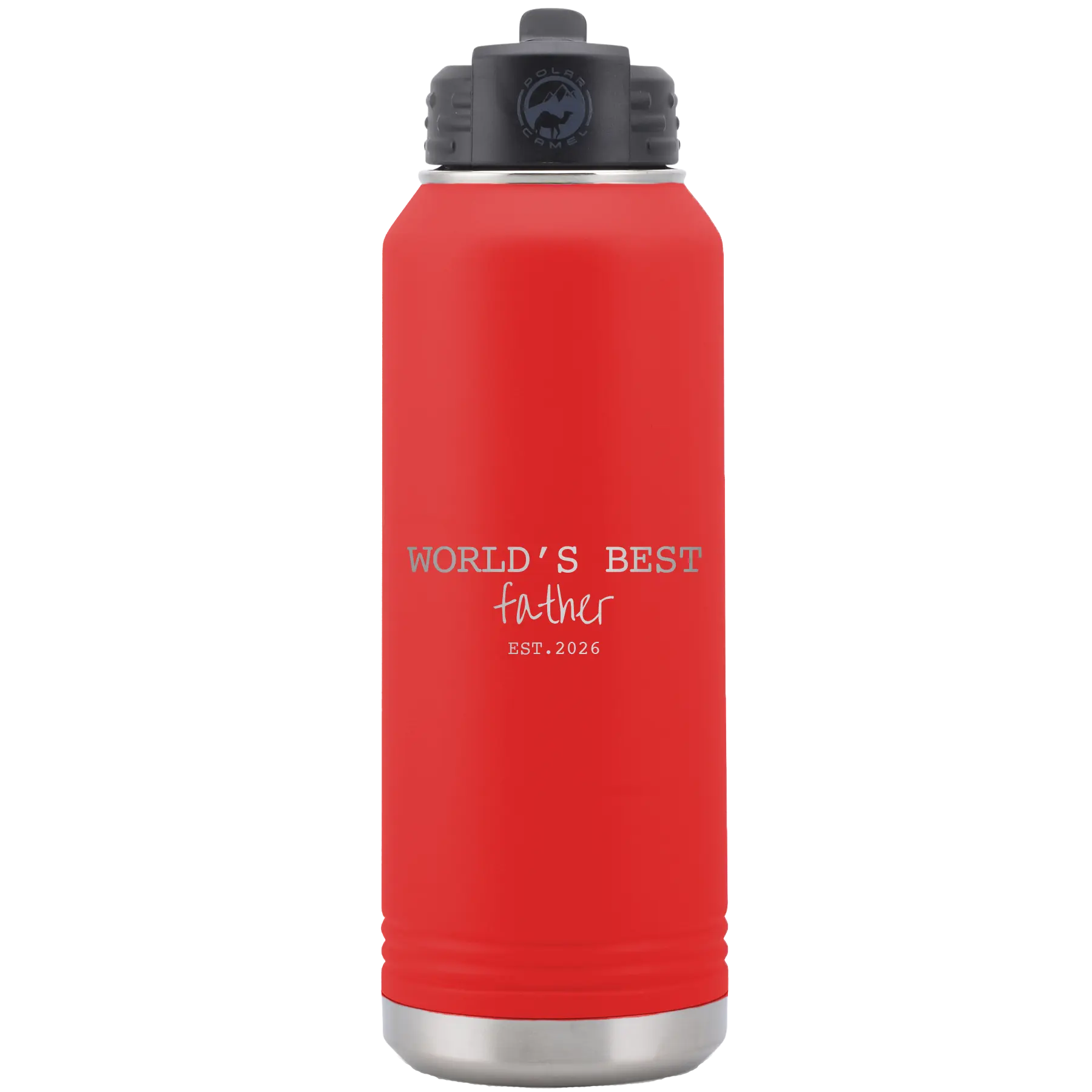 Laser etched red 32 oz vacuum insulated water bottle with 'Worlds Best' design