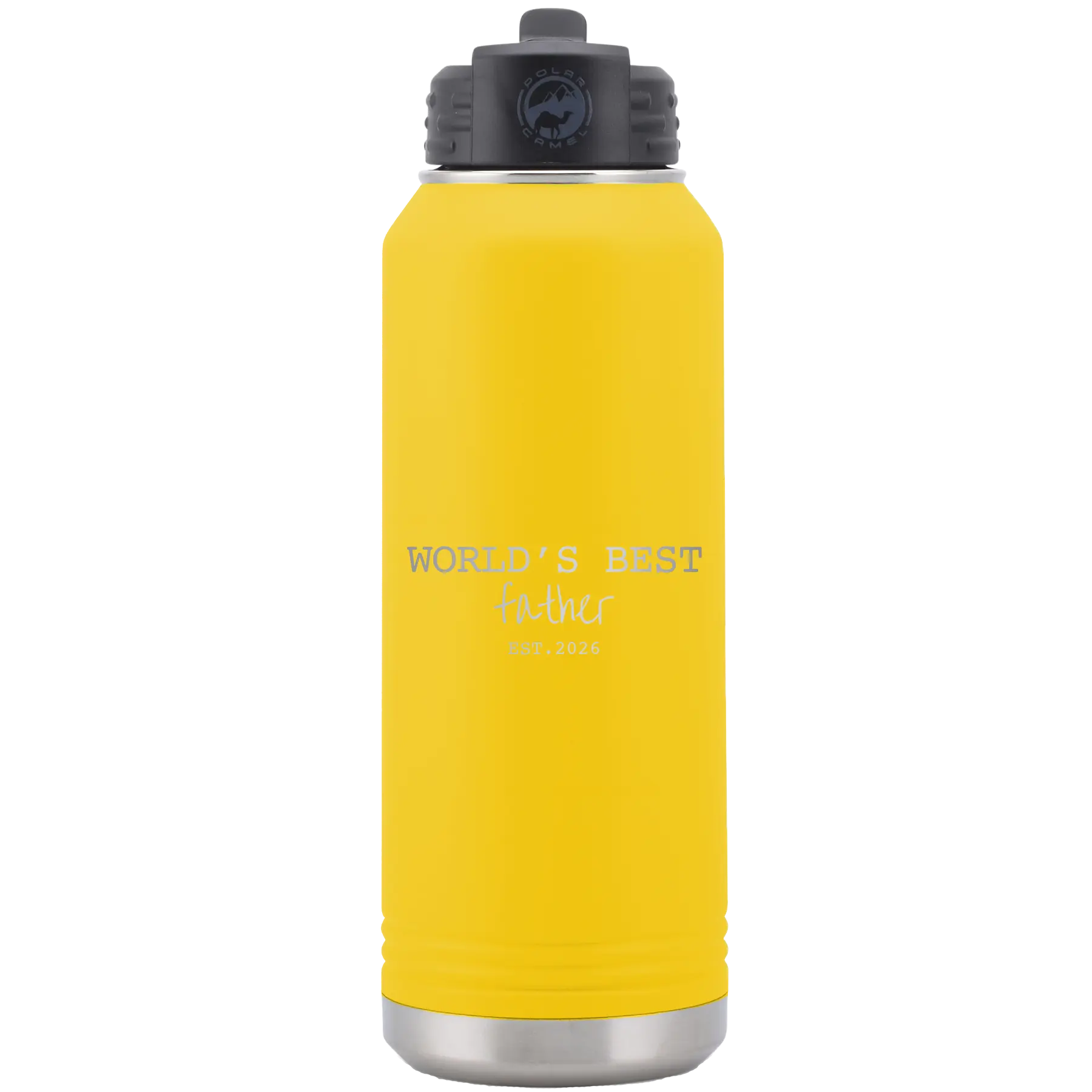 Laser etched yellow 32 oz vacuum insulated water bottle with 'Worlds Best' design