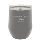 Personalized dark gray 12 oz vacuum insulated wine cup with etched 'Worlds Best' design