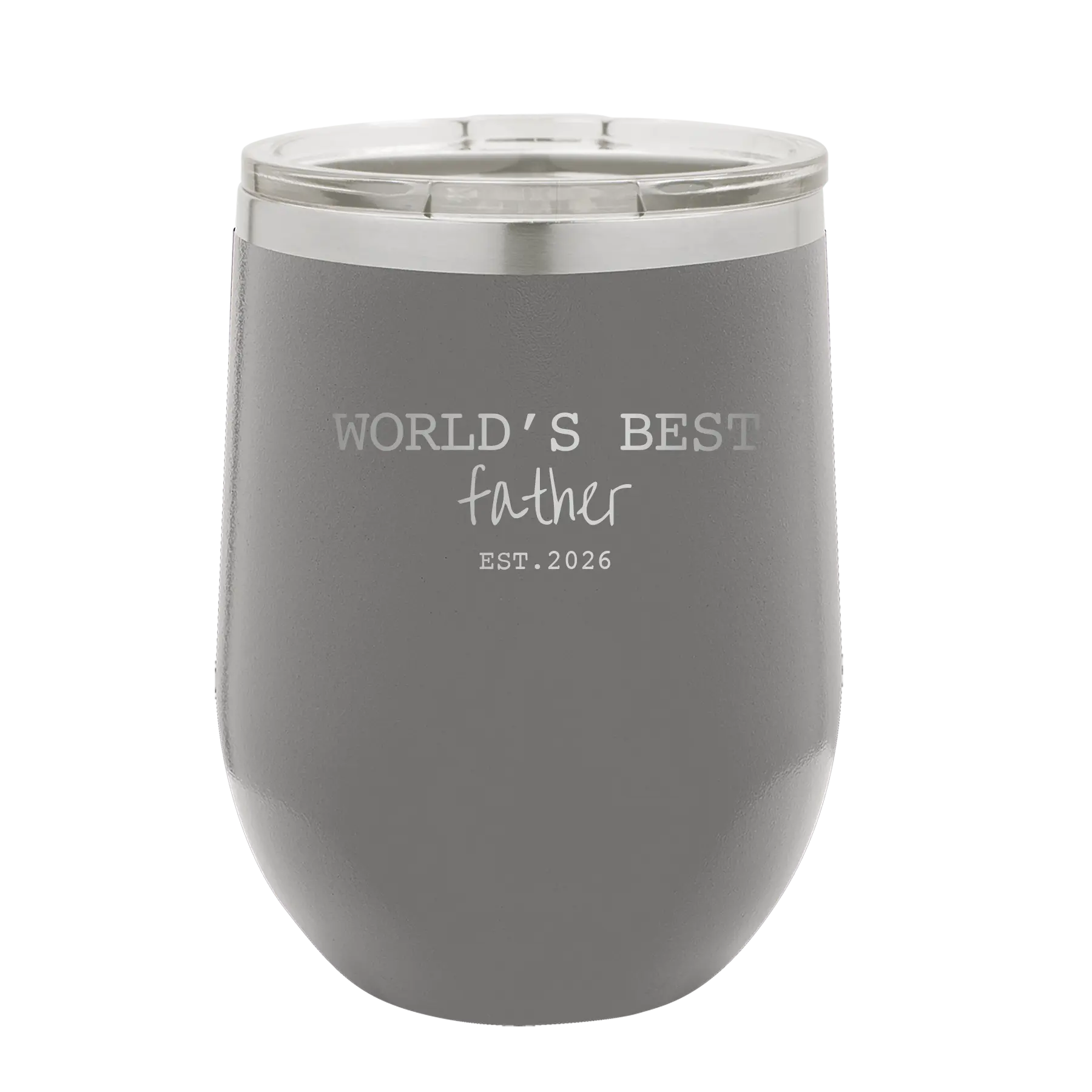 Personalized dark gray 12 oz vacuum insulated wine cup with etched 'Worlds Best' design