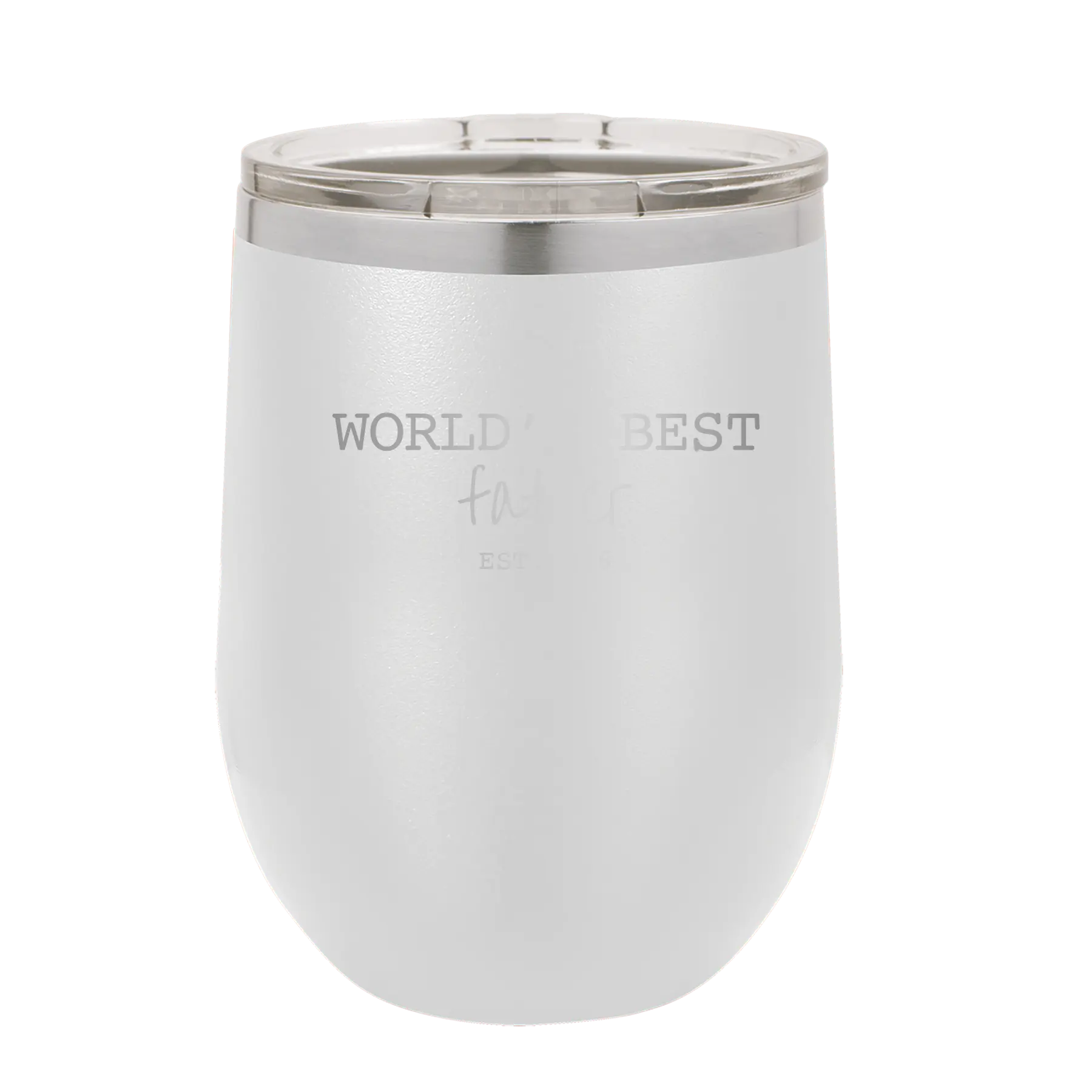 Personalized white 12 oz vacuum insulated wine cup with etched 'Worlds Best' design