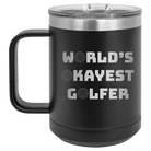Personalized black 15 oz vacuum insulated coffee mug with etched 'Worlds Okayest Golfer' design