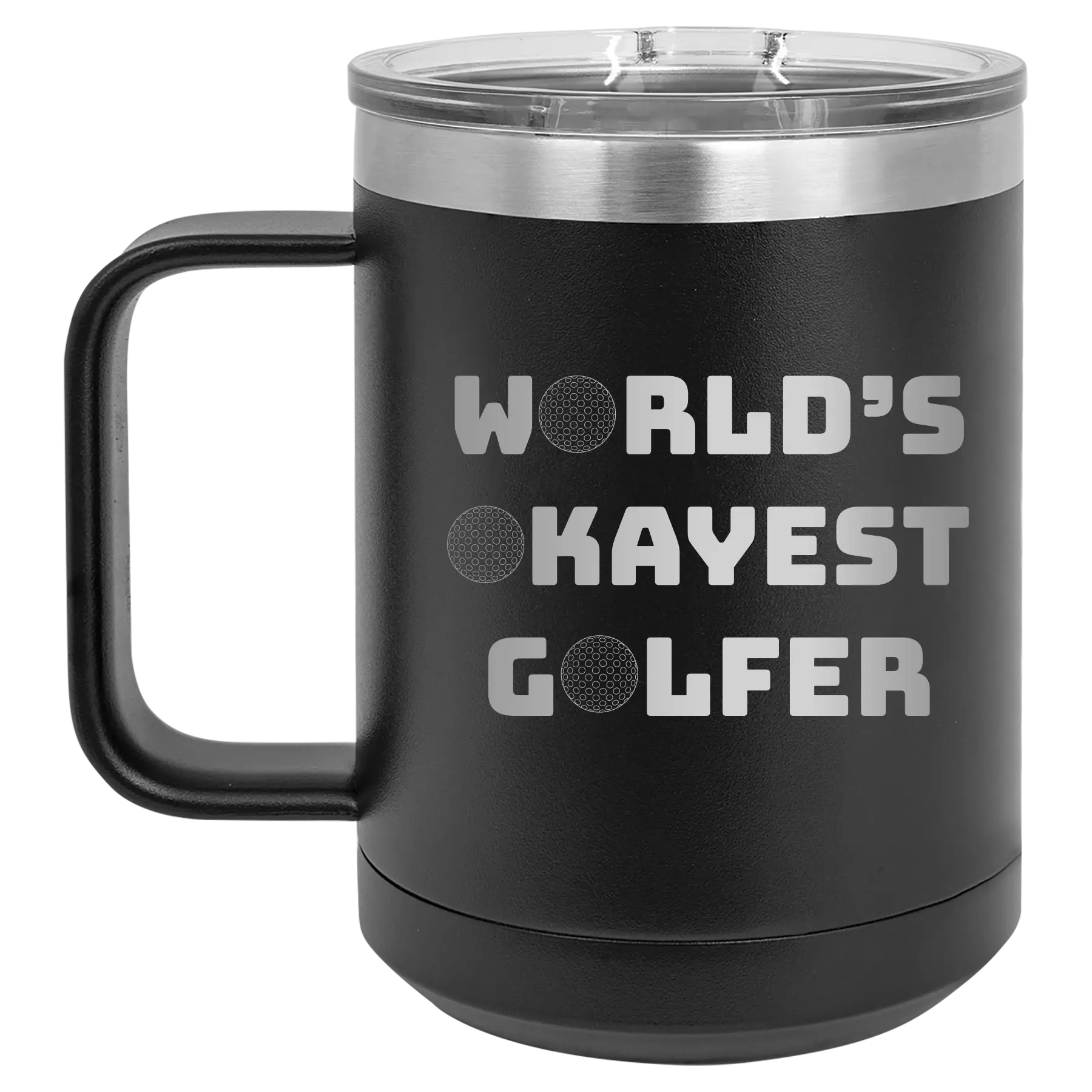 Personalized black 15 oz vacuum insulated coffee mug with etched 'Worlds Okayest Golfer' design