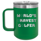 Personalized green 15 oz vacuum insulated coffee mug with etched 'Worlds Okayest Golfer' design