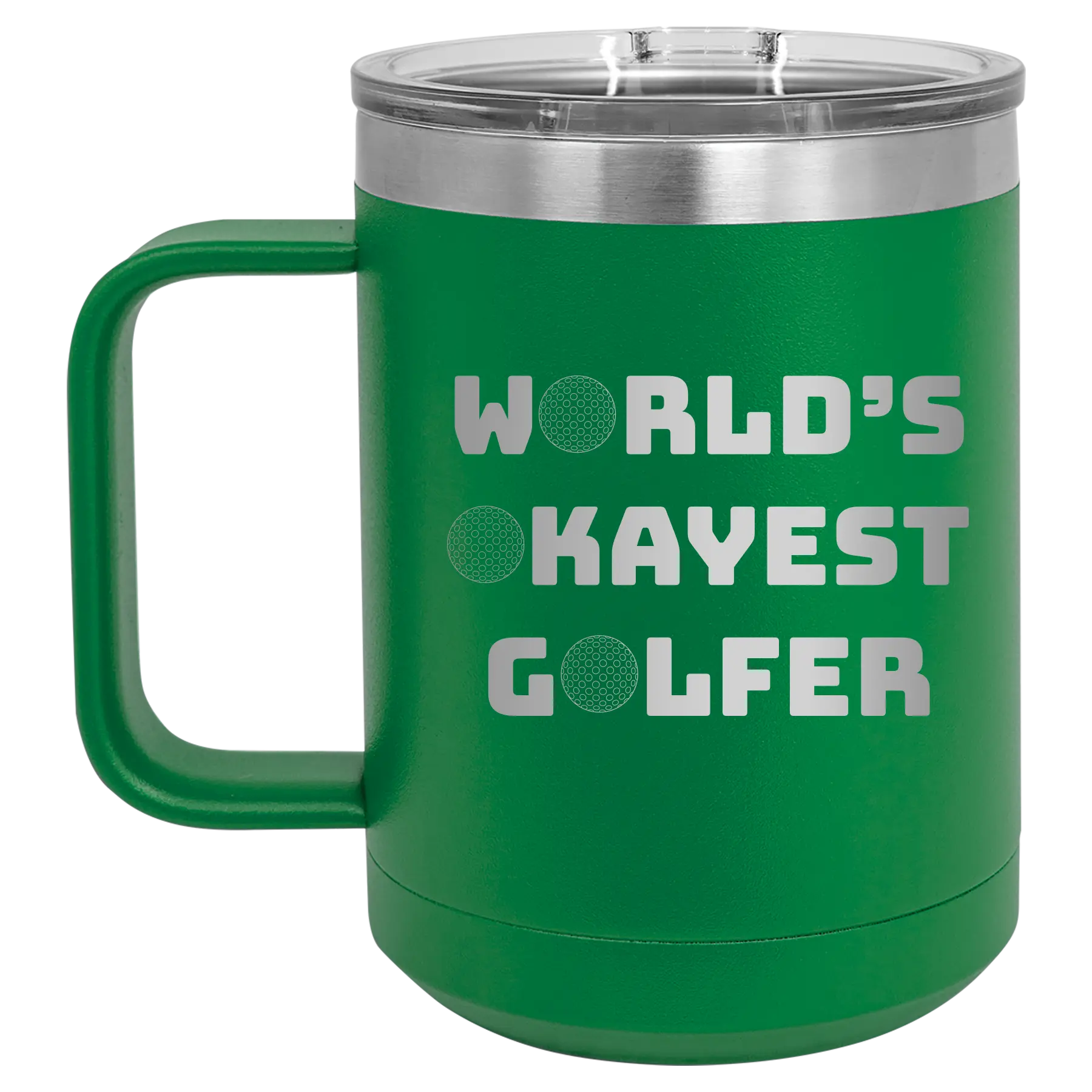 Personalized green 15 oz vacuum insulated coffee mug with etched 'Worlds Okayest Golfer' design