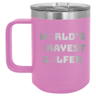 Personalized light purple 15 oz vacuum insulated coffee mug with etched 'Worlds Okayest Golfer' design