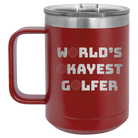 Personalized maroon 15 oz vacuum insulated coffee mug with etched 'Worlds Okayest Golfer' design