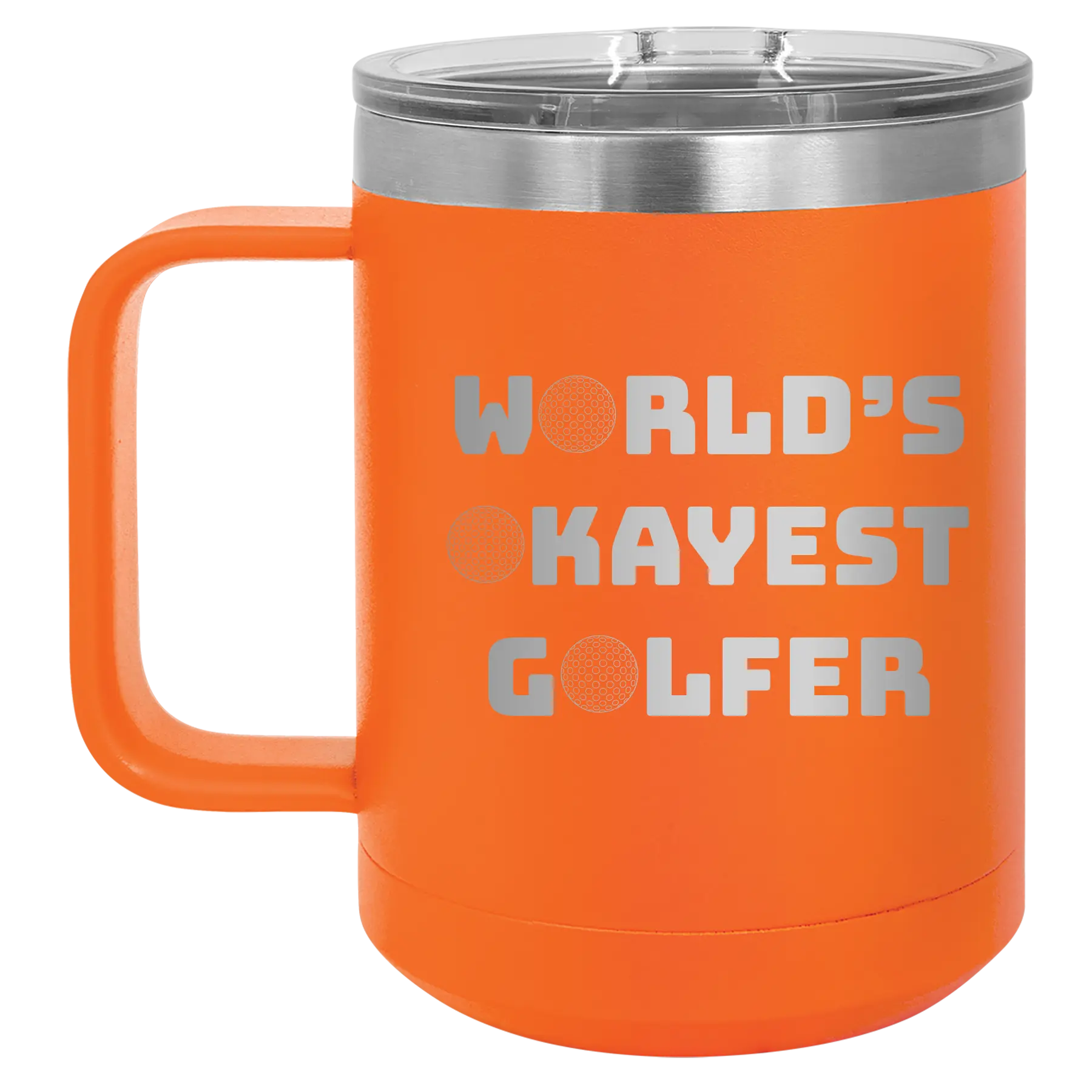 Personalized orange 15 oz vacuum insulated coffee mug with etched 'Worlds Okayest Golfer' design