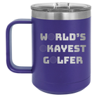 Personalized purple 15 oz vacuum insulated coffee mug with etched 'Worlds Okayest Golfer' design