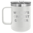 Personalized white 15 oz vacuum insulated coffee mug with etched 'Worlds Okayest Golfer' design