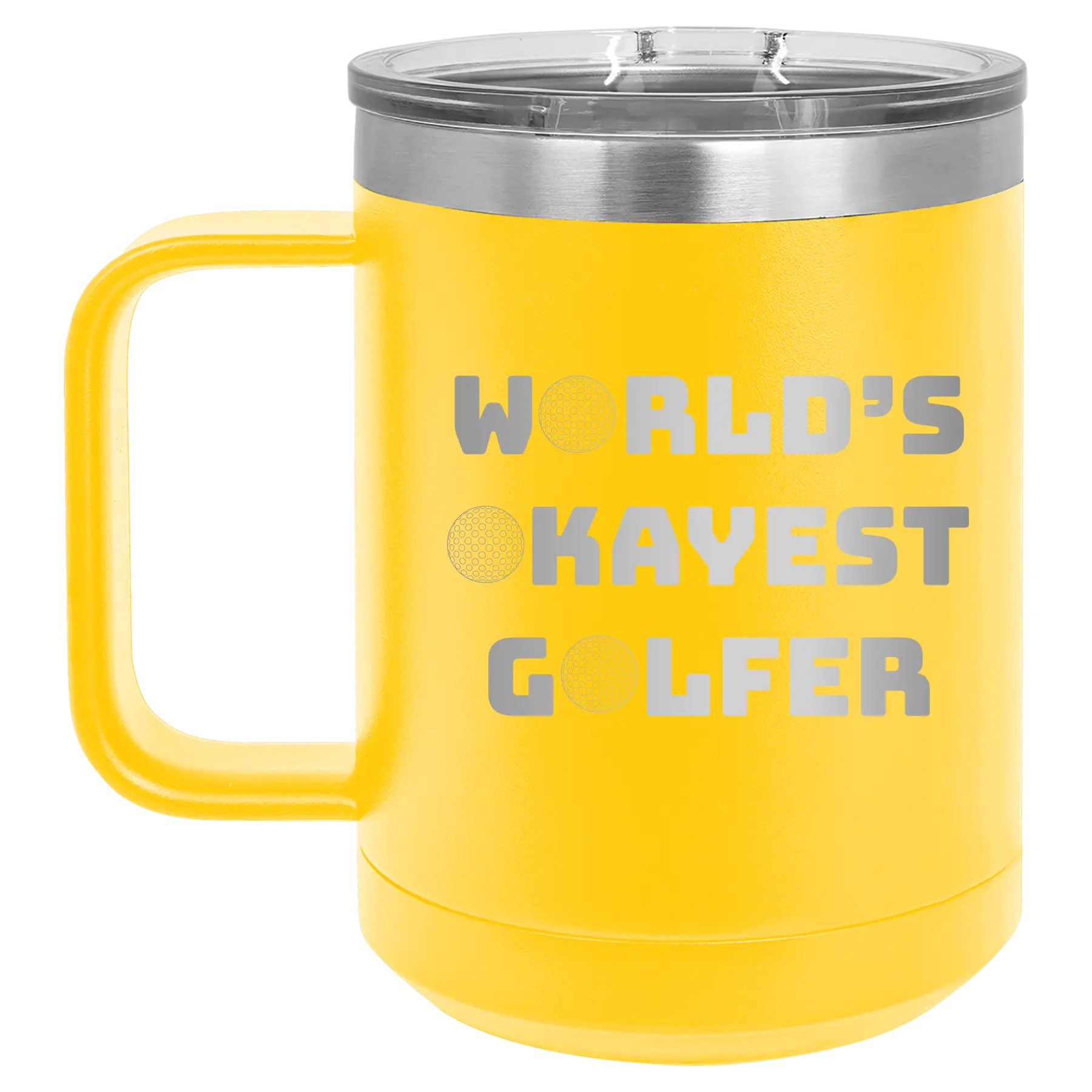 Personalized yellow 15 oz vacuum insulated coffee mug with etched 'Worlds Okayest Golfer' design