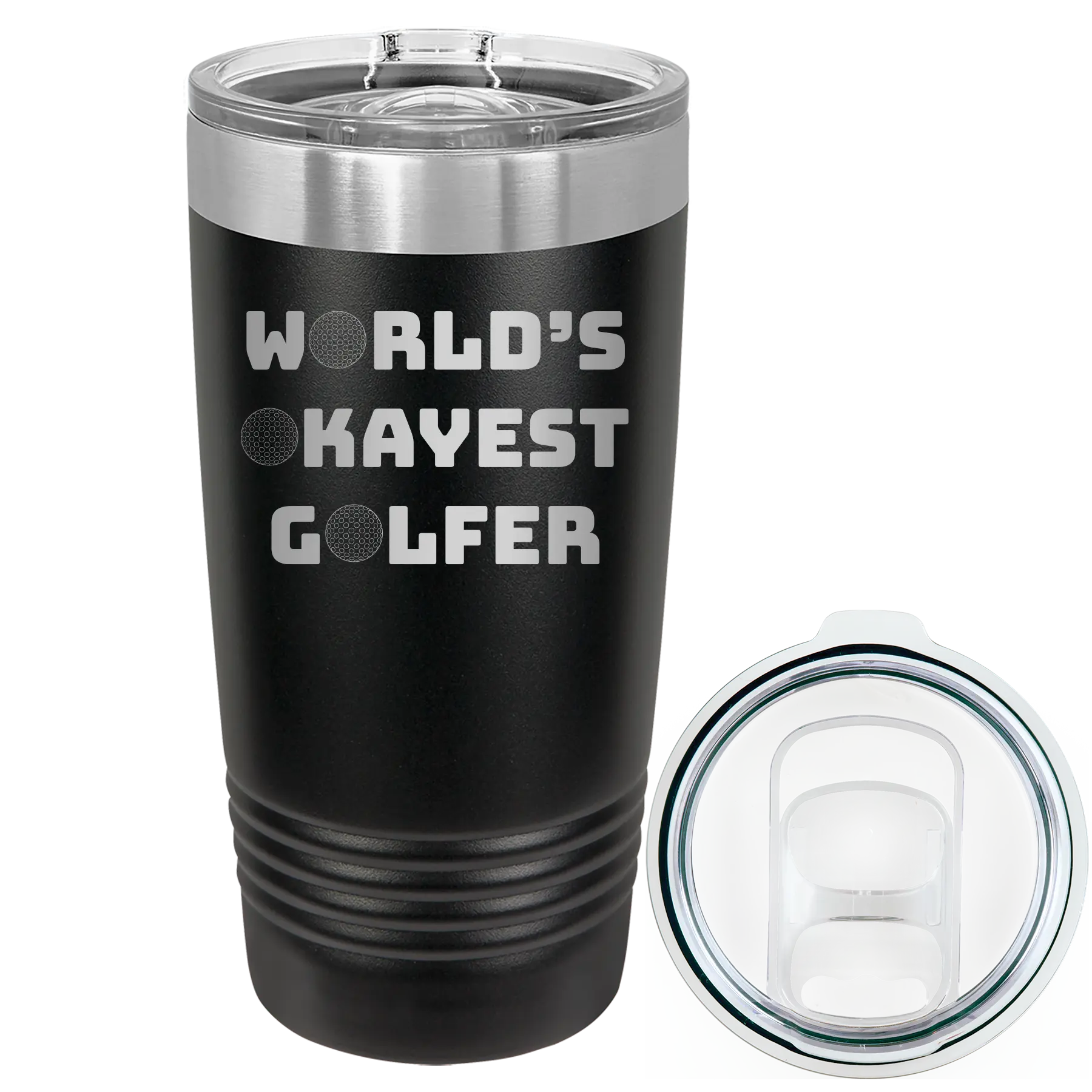 Laser etched black 20 oz vacuum insulated tumbler with 'Worlds Okayest Golfer' design
